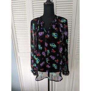 Elle Top Womens sz L Sheer Multi Floral Long Sleeved Blouse Ruffle Romantic Boho